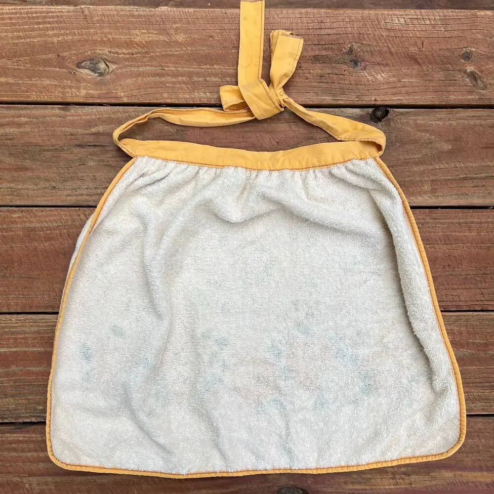 Vintage 70s Terrycloth Apron Fruit Floral Yellow Tie Back Retro Kitchen Hostess